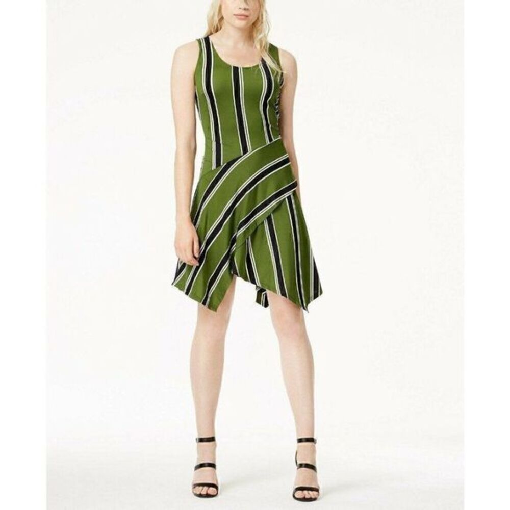 Bar III NEW Green Stripe Handkerchief-Hem Dress XS